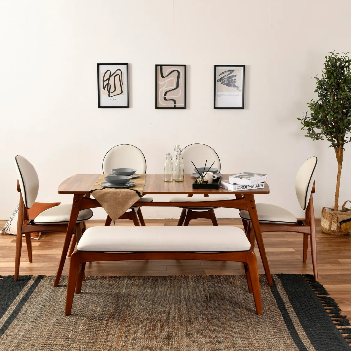 Set Tavolo e Sedie Marrone Noce Bianco Crema 6 Posti Dimensione Seduta Panca: 105x40h48 cm, Sedie: 54x44h90 cm, Dimensione Tavolo 160x78h75 cm