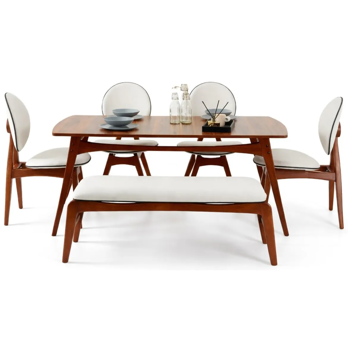 Set Tavolo e Sedie Marrone Noce Bianco Crema 6 Posti Dimensione Seduta Panca: 105x40h48 cm, Sedie: 54x44h90 cm, Dimensione Tavolo 160x78h75 cm