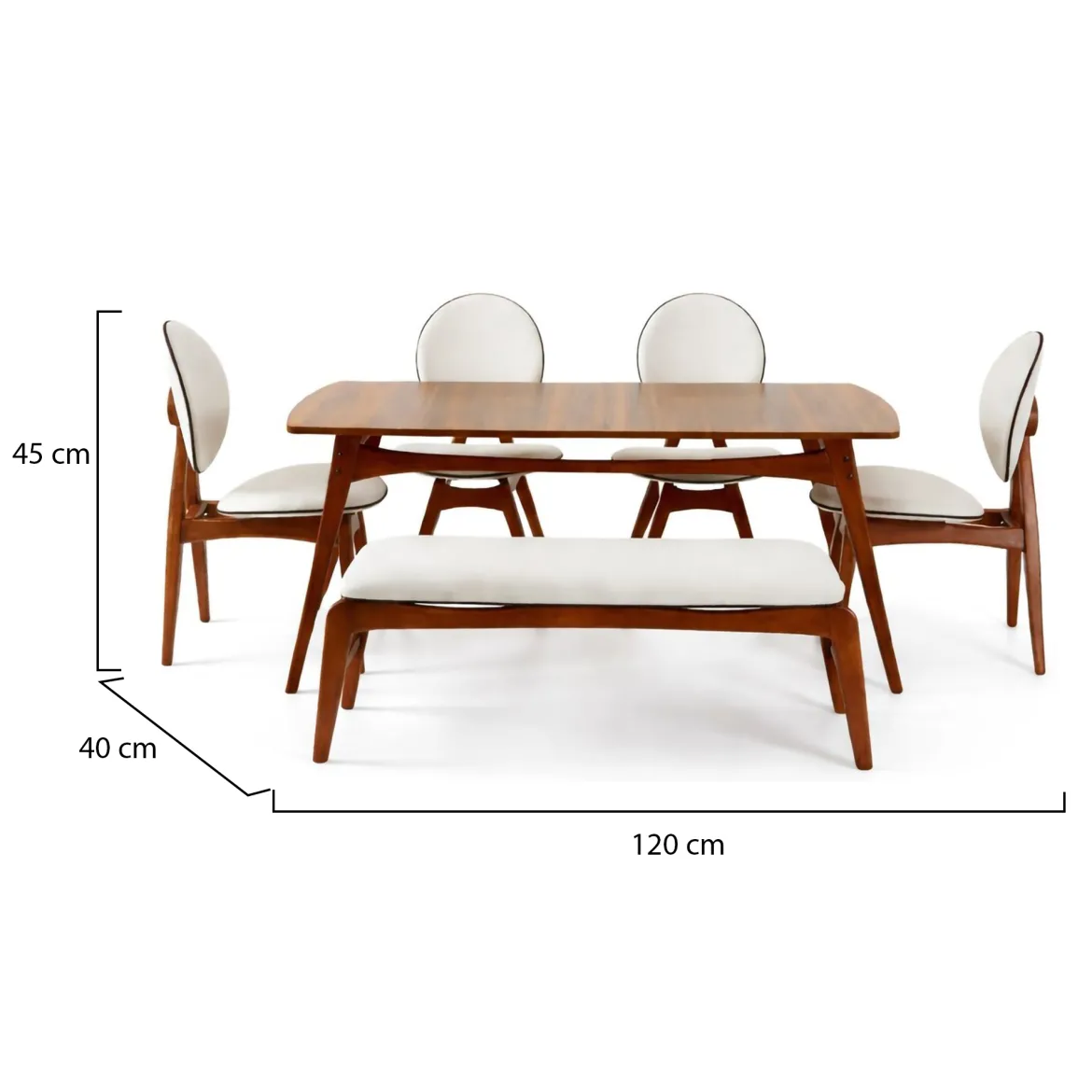 Set Tavolo e Sedie Marrone Noce Bianco Crema 6 Posti Dimensione Seduta Panca: 105x40h48 cm, Sedie: 54x44h90 cm, Dimensione Tavolo 160x78h75 cm