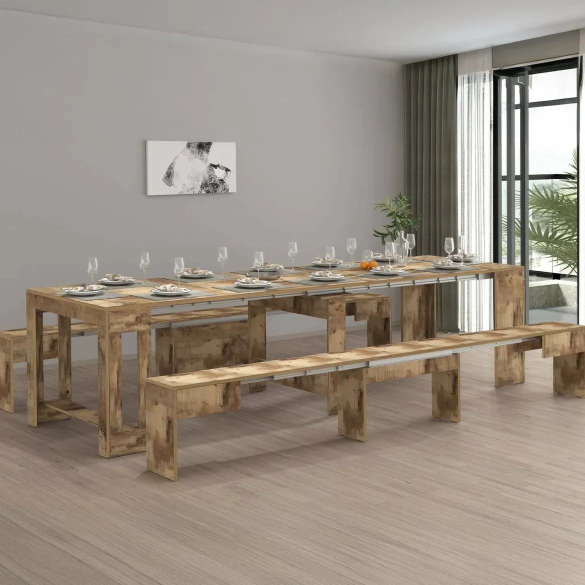 Set tavolo estensibile e 2 panche estensibili acero 12 posti - Auditore