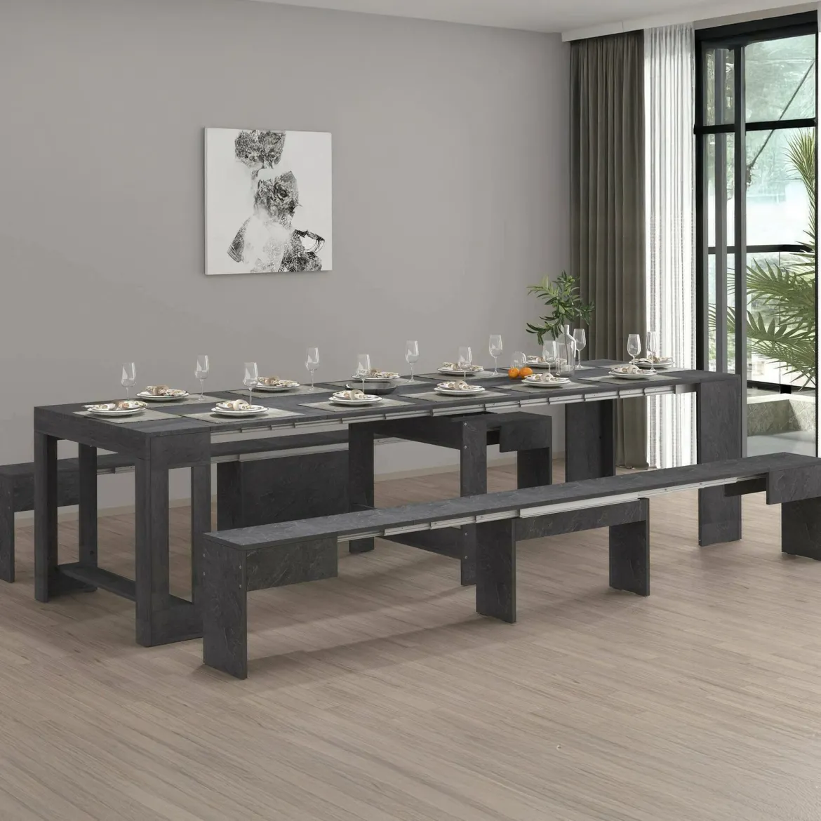 Set tavolo pranzo estensibile e 2 panche estensibili ardesia 12 posti - Auditore