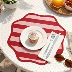 Set 6 Tovagliette/Sottopiatti in Ecopelle Hart, Rosso e Rosa 40x40 cm, Fantasia a righe, Lavabili e Antiscivolo, Indoor/Outdoor, Made in Italy
