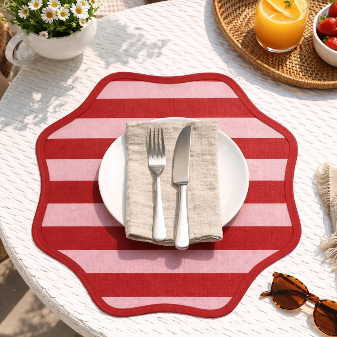 Set 6 Tovagliette/Sottopiatti in Ecopelle Hart, Rosso e Rosa 40x40 cm, Fantasia a righe, Lavabili e Antiscivolo, Indoor/Outdoor, Made in Italy