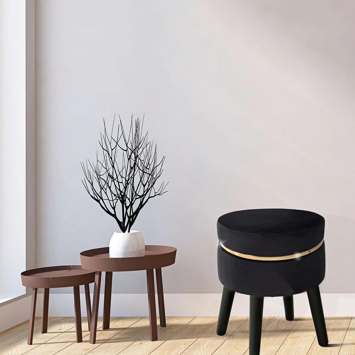 Sgabello Nero oro Rivestimento in Velluto Imbottito 35x35x41h cm, Colore Seduta Nero - Famamiri