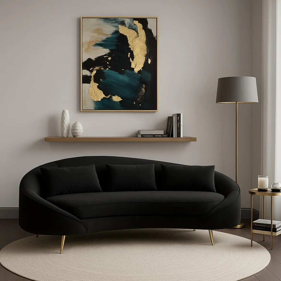 Sofà in legno e metallo rivestito in tessuto nero e oro 185x84x68h cm - Verte