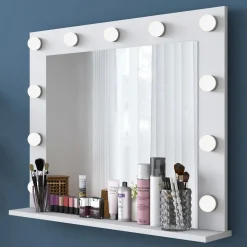 Specchio Bianco con Mensola e Lampadine Forma Rettangolare 90x72h cm, Tipologia da Parete - Storo