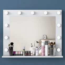 Specchio Bianco con Mensola e Lampadine Forma Rettangolare 90x72h cm, Tipologia da Parete - Storo