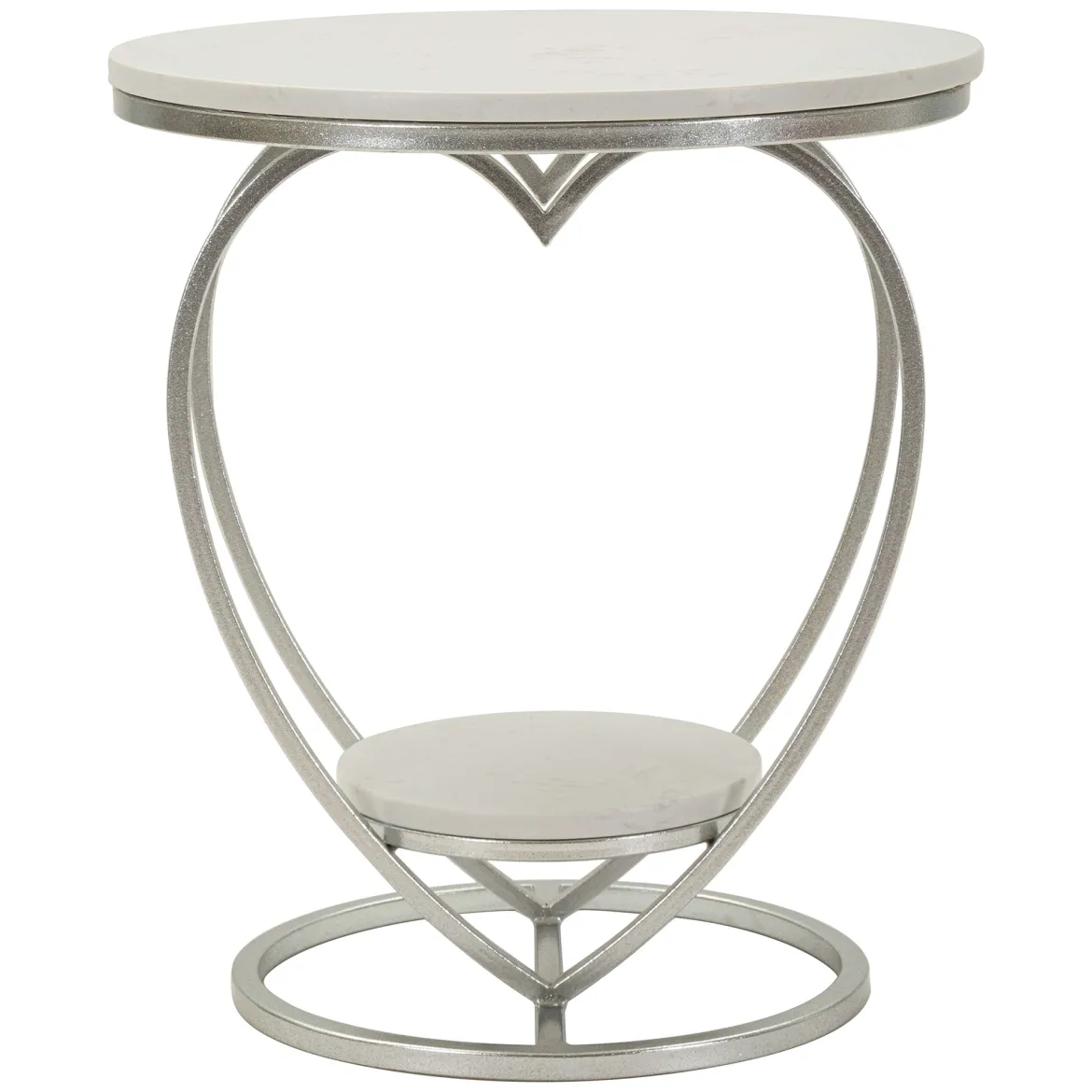 Tavolino da Salotto Argento Bianco Marmo Struttura a Cuore Forma Rotondo 40x40x46h cm, Colore Ripiano Bianco - Masaka