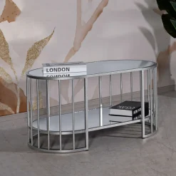 Tavolino da Salotto Argento Trasparente un Vano Forma Ovale 90x50x45h cm, Colore Ripiano Trasparente - Fafa