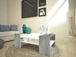 Tavolino da salotto Ashar, cm 110x60h40, Bianco lucido e Cemento