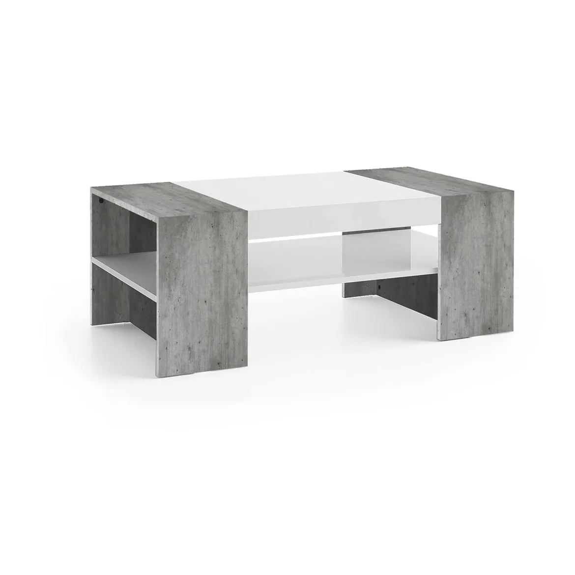 Tavolino da salotto Ashar, cm 110x60h40, Bianco lucido e Cemento