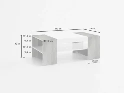 Tavolino da salotto Ashar, cm 110x60h40, Bianco lucido e Cemento
