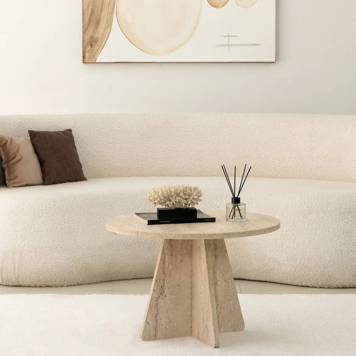Tavolino da Salotto Beige Marmo Forma Rotondo Materiale Piano in Legno Nobilitato 60x60x40h cm, Colore Ripiano Beige - Armanda