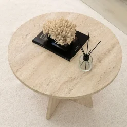 Tavolino da Salotto Beige Marmo Forma Rotondo Materiale Piano in Legno Nobilitato 60x60x40h cm, Colore Ripiano Beige - Armanda