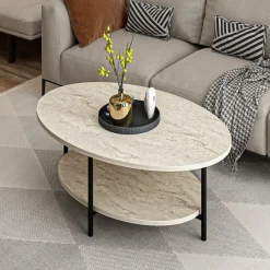 Tavolino da Salotto Beige Marmo Nero con Piedini un Vano 90x60x36h cm, Forma Ovale - Subiaco