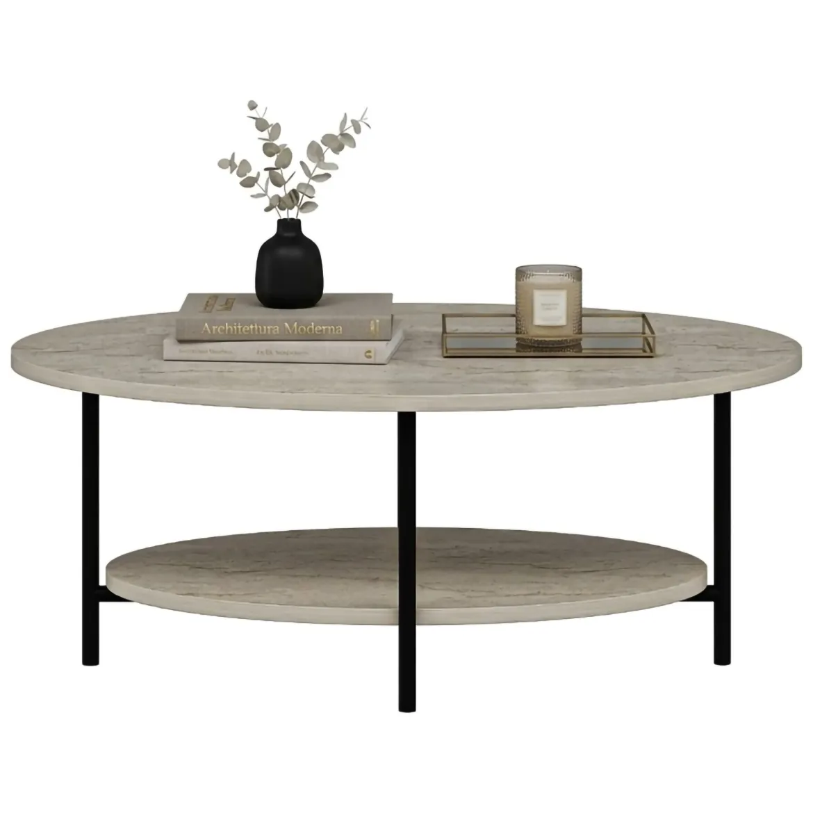 Tavolino da Salotto Beige Marmo Nero con Piedini un Vano 90x60x36h cm, Forma Ovale - Subiaco