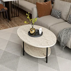 Tavolino da Salotto Beige Marmo Nero con Piedini un Vano 90x60x36h cm, Forma Ovale - Subiaco