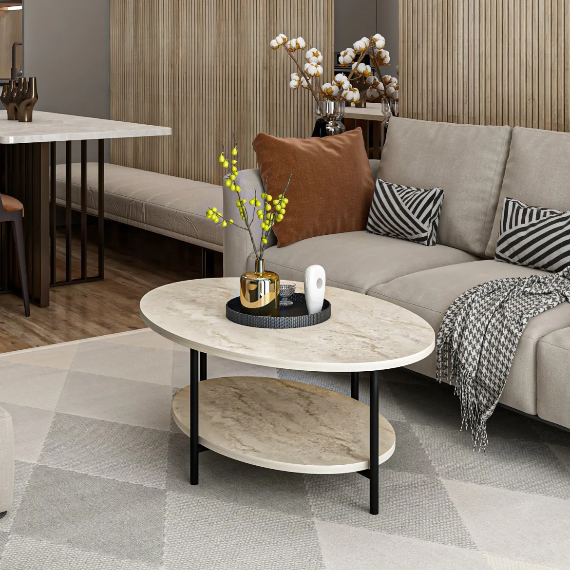 Tavolino da Salotto Beige Marmo Nero con Piedini un Vano 90x60x36h cm, Forma Ovale - Subiaco