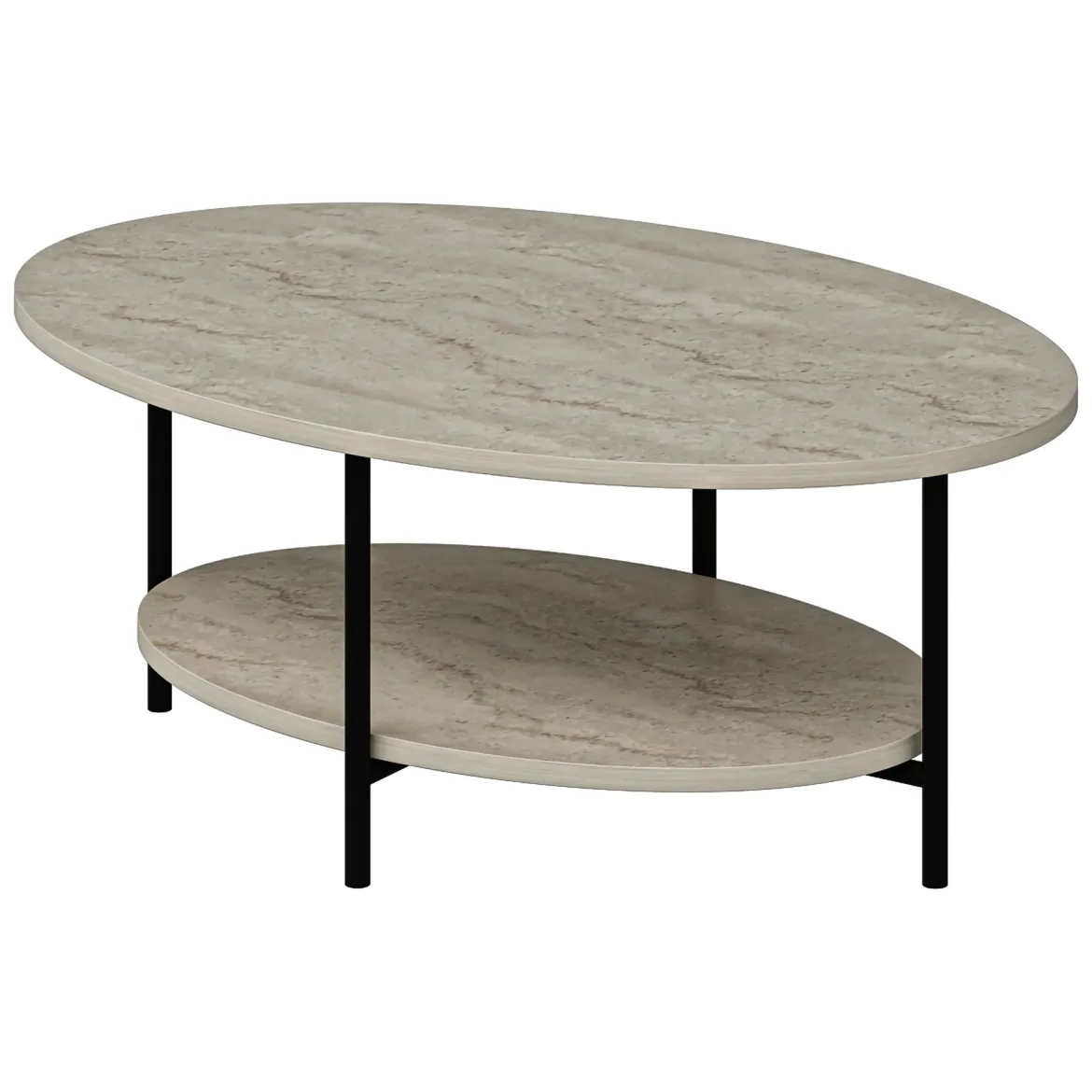 Tavolino da Salotto Beige Marmo Nero con Piedini un Vano 90x60x36h cm, Forma Ovale - Subiaco