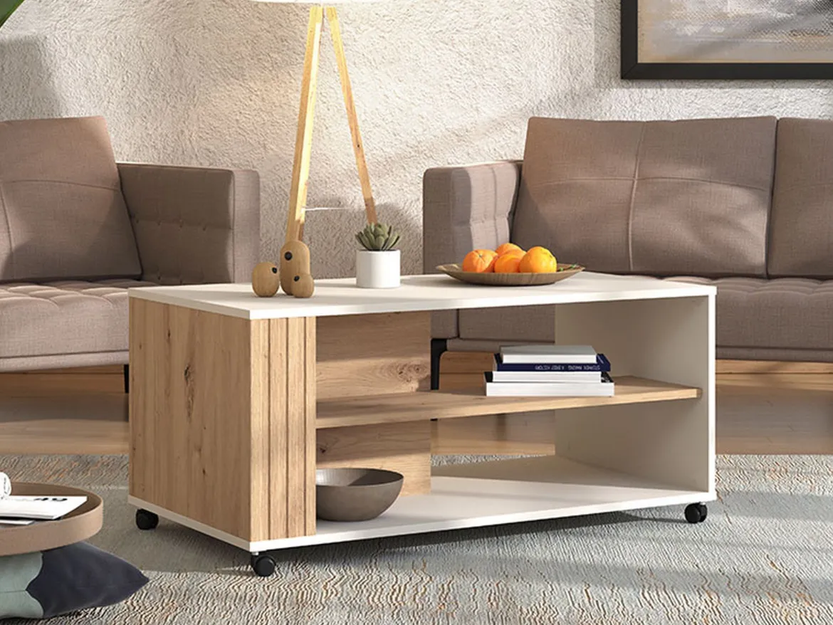 Tavolino da Salotto Beige Marrone Rovere con Piedini un Vano 101x54.5x46h cm, Forma Rettangolare - Patu