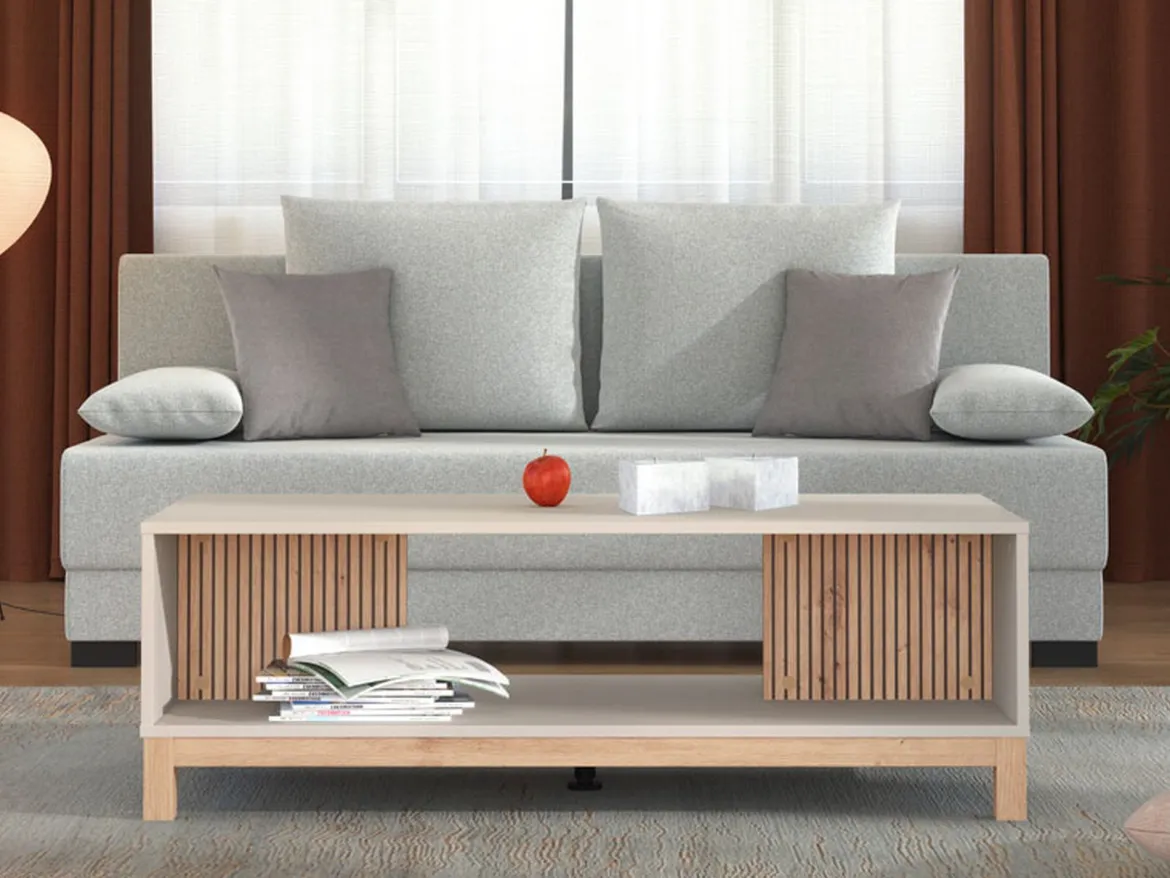 Tavolino da Salotto Beige Marrone Rovere con Piedini un Vano 120.5x54.5x41h cm, Forma Rettangolare - Leguzzano