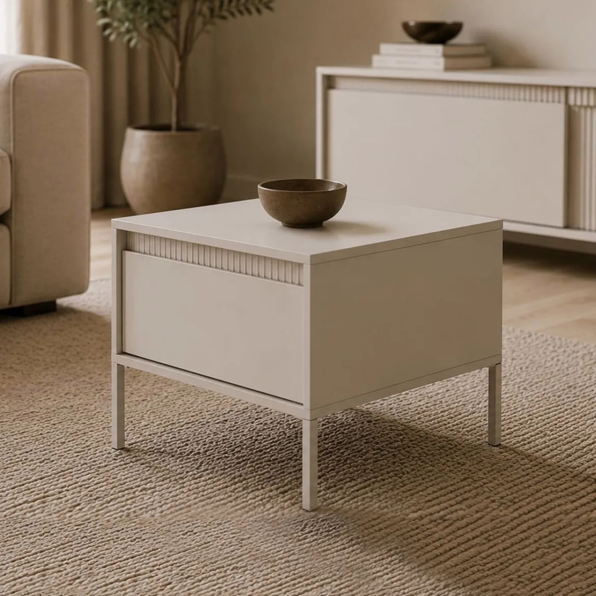 Tavolino da Salotto Beige un Cassetto con Piedini 68x48x68h cm, Forma Quadrato - Kasinela