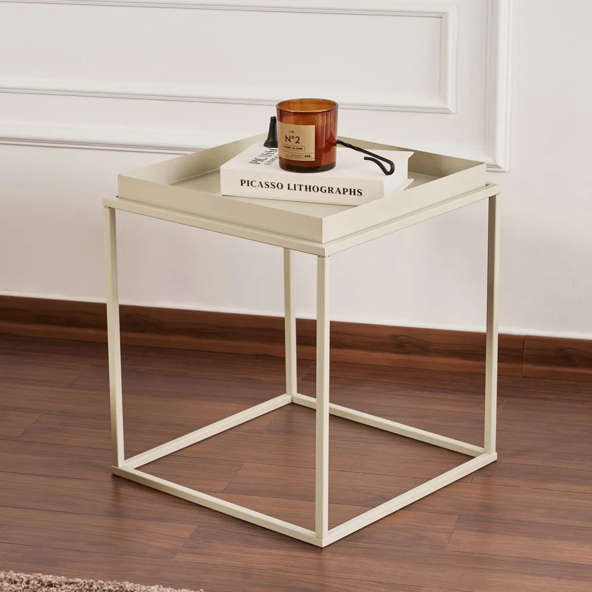Tavolino da Salotto Bianco Crema Forma Quadrato Materiale Piano in Metallo 45x45x52h cm, Colore Ripiano Bianco - Lorsica