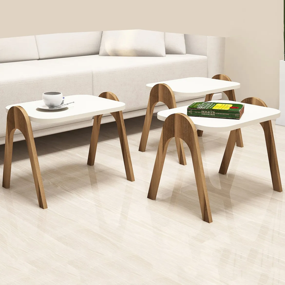 Tavolino da Salotto Bianco Crema Marrone Noce set 3 Pezzi Impilabili Forma Rettangolare 49x36x42h cm, Colore Ripiano Bianco - Cerrione