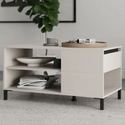Tavolino da Salotto Bianco Crema Nero un Cassetto con Piedini 102x55x52h cm, 3 Vani - Salentina