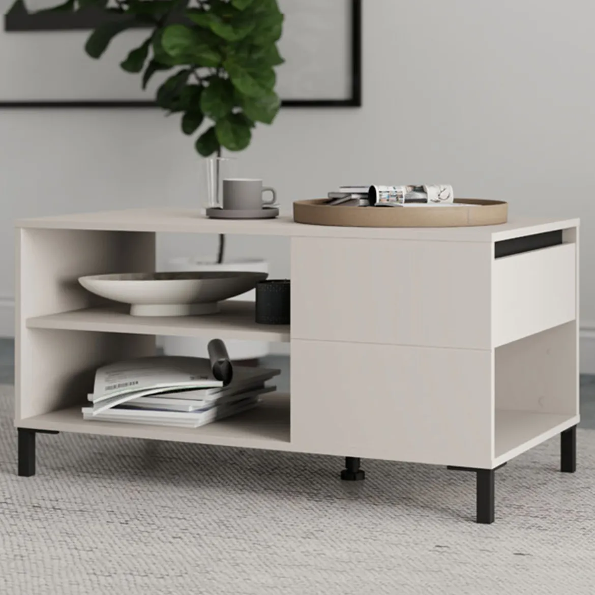 Tavolino da Salotto Bianco Crema Nero un Cassetto con Piedini 102x55x52h cm, 3 Vani - Salentina