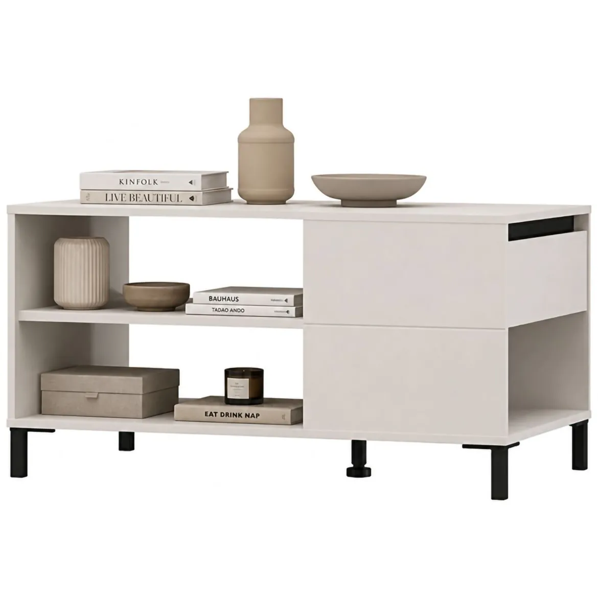 Tavolino da Salotto Bianco Crema Nero un Cassetto con Piedini 102x55x52h cm, 3 Vani - Salentina