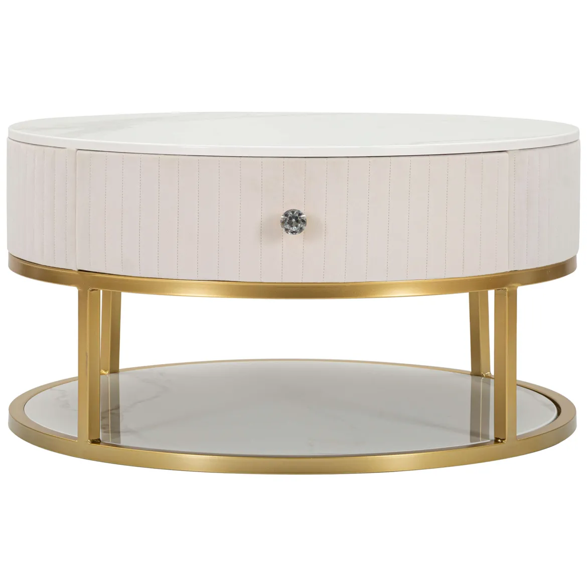 Tavolino da Salotto Bianco Crema oro un Cassetto Rivestimento in Tessuto Imbottito 75x75x36h cm, un Vano - Dalasida