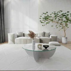 Tavolino da Salotto Bianco Forma Circolare Materiale Piano in Vetro 90x90x30h cm, Colore Ripiano Trasparente - Jolanda