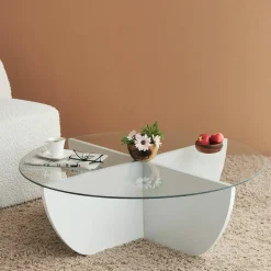 Tavolino da Salotto Bianco Forma Circolare Materiale Piano in Vetro 90x90x30h cm, Colore Ripiano Trasparente - Jolanda