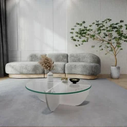 Tavolino da Salotto Bianco Forma Circolare Materiale Piano in Vetro 90x90x30h cm, Colore Ripiano Trasparente - Jolanda