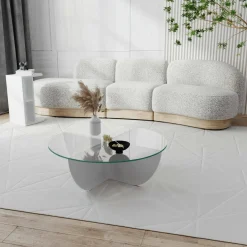 Tavolino da Salotto Bianco Forma Circolare Materiale Piano in Vetro 90x90x30h cm, Colore Ripiano Trasparente - Jolanda