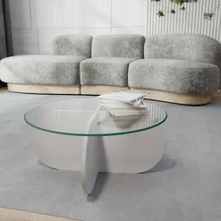 Tavolino da Salotto Bianco Forma Rotonda Materiale Piano in Vetro 75x75x35h cm, Colore Ripiano Trasparente - Nila