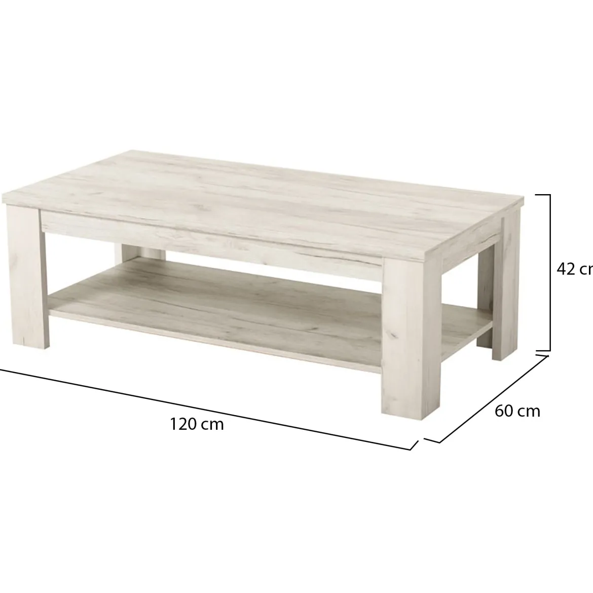 Tavolino da Salotto Bianco Larice un Vano Forma Rettangolare 120x60x41.5h cm, Sfumatura Colore Ripiano Larice - Front