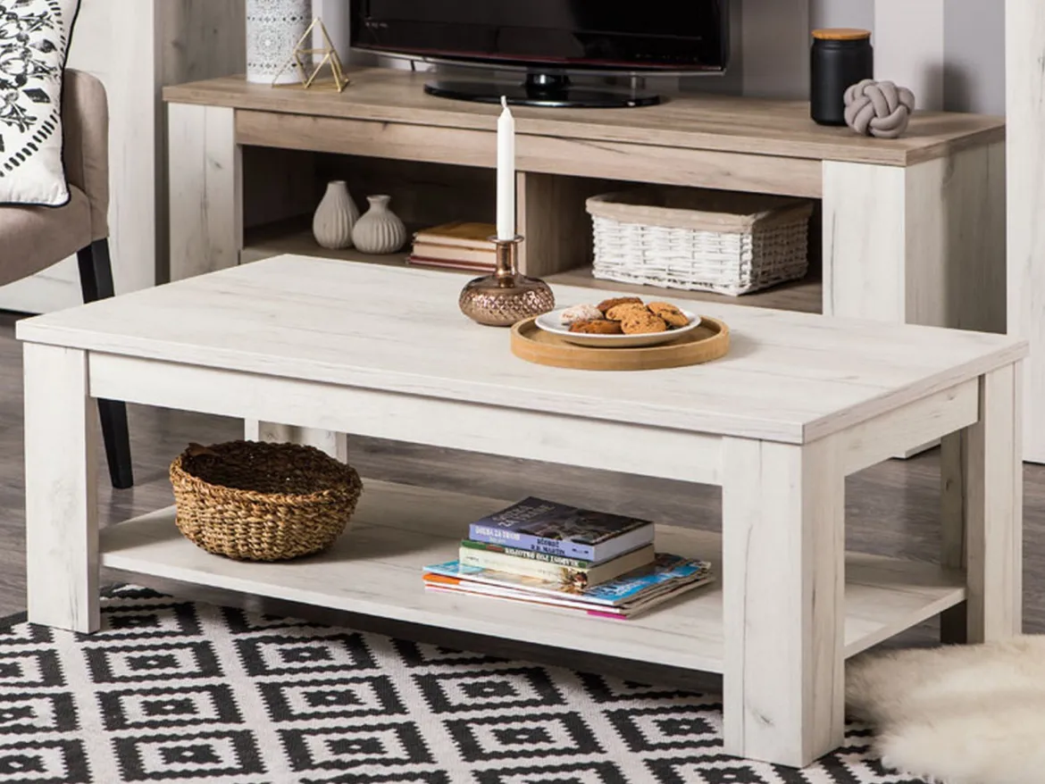 Tavolino da Salotto Bianco Larice un Vano Forma Rettangolare 120x60x41.5h cm, Sfumatura Colore Ripiano Larice - Front