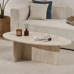 Tavolino da Salotto Bianco Marmo Forma Ovale Materiale Piano in Legno Nobilitato 120x65x40h cm, Colore Ripiano Bianco - Parona
