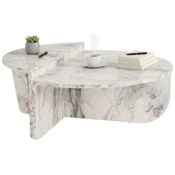 Tavolino da Salotto Bianco Marmo Forma Rettangolare Materiale Piano in Legno Nobilitato 90x60x35h cm, Colore Ripiano Bianco - Mansue