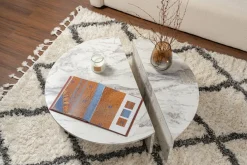 Tavolino da Salotto Bianco Marmo Forma Rotondo Materiale Piano in Legno Nobilitato 90x90x40h cm, Colore Ripiano Bianco - Simbario