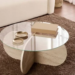 Tavolino da Salotto Bianco Marmo Forma Rotondo Materiale Piano in Vetro 75x75x40h cm, Colore Ripiano Trasparente - Canevino