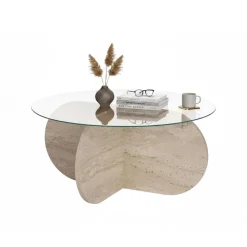 Tavolino da Salotto Bianco Marmo Forma Rotondo Materiale Piano in Vetro 75x75x40h cm, Colore Ripiano Trasparente - Canevino
