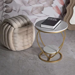 Tavolino da Salotto Bianco Marmo oro set da 2, Ripiano Effetto Marmo Forma Rotondo 46x46x55h cm, Colore Ripiano Bianco - Alexan