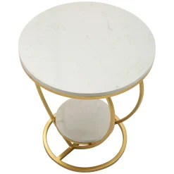 Tavolino da Salotto Bianco Marmo oro set da 2, Ripiano Effetto Marmo Forma Rotondo 46x46x55h cm, Colore Ripiano Bianco - Alexan