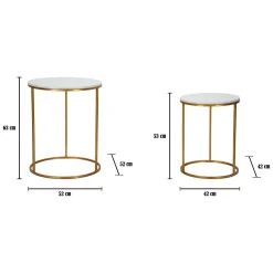 Tavolino da Salotto Bianco Marmo oro set da 2, Ripiano Effetto Marmo Forma Rotondo 52x52x63h cm, Colore Ripiano Bianco - Jomsom