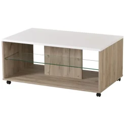 Tavolino da Salotto Bianco Marrone Noce con Ruote 2 Vani 101x60x45h cm, Forma Rettangolare - Giussano