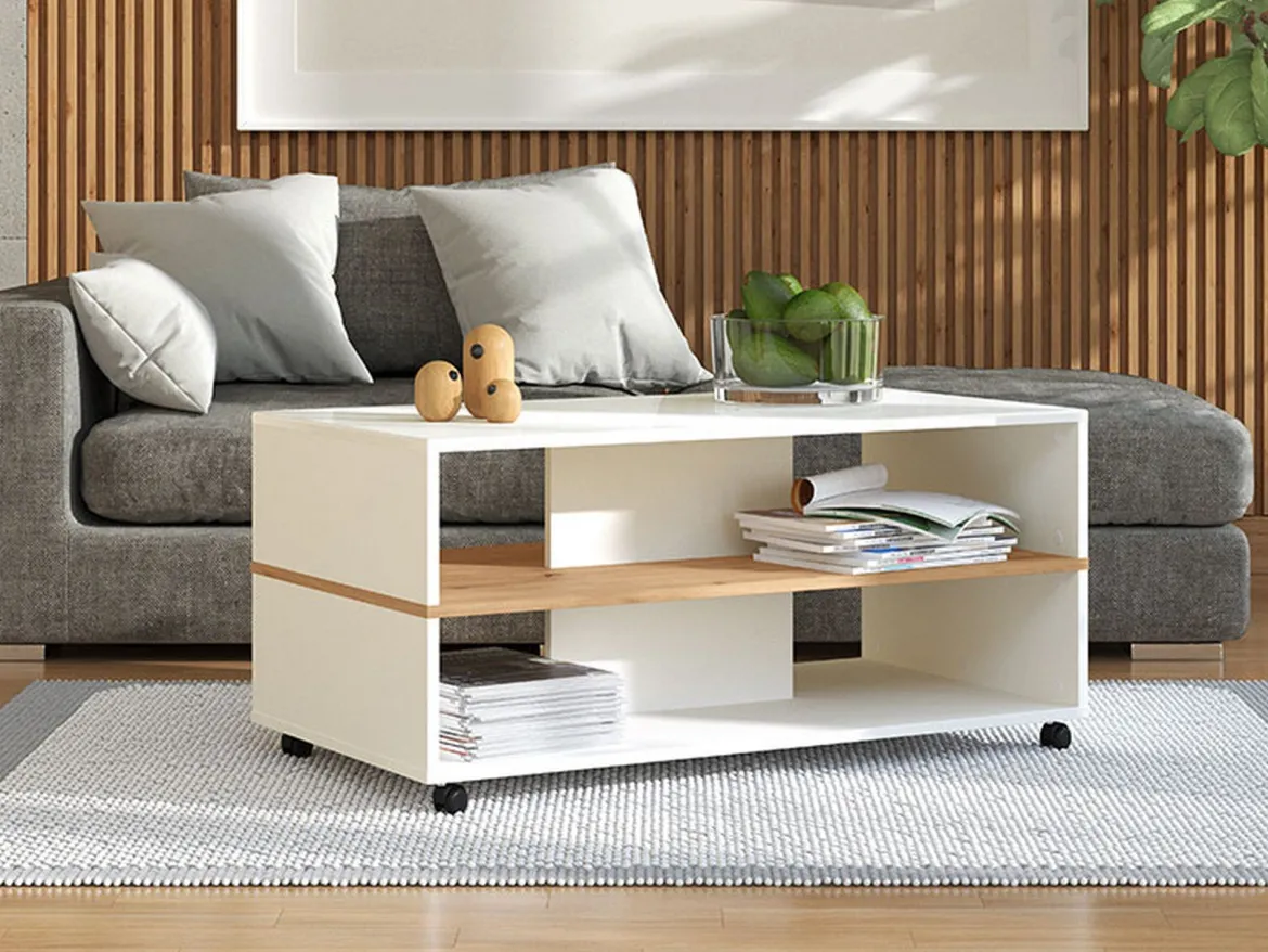 Tavolino da Salotto Bianco Marrone Rovere Nodi con Ruote 2 Vani 101x54.5x47.5h cm, Forma Rettangolare - Erice