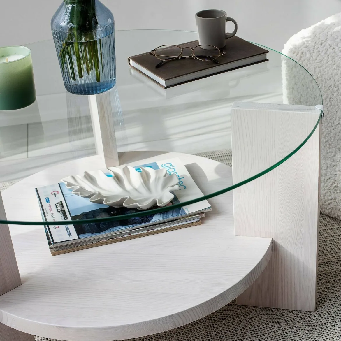 Tavolino da Salotto Bianco Portariviste Forma Rotonda 75x75x40h cm, Materiale Piano in Vetro - Felino